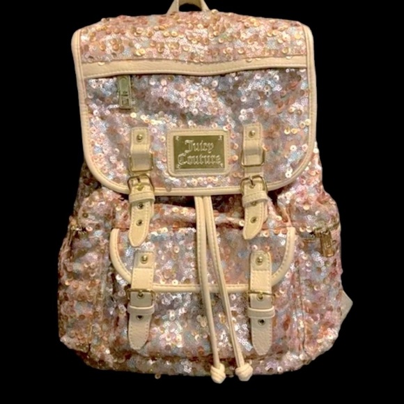 Juicy Couture Y2K Gold Sequence Bling Leather Straps Backpack - Picture 3 of 9